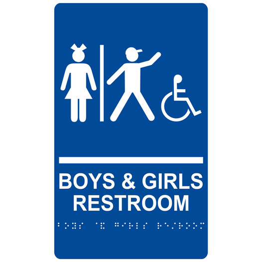 Blue ADA Braille Accessible BOYS & GIRLS RESTROOM Sign with Symbol RRE-14771_White_on_Blue
