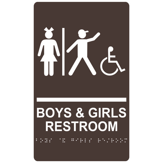 Dark Brown ADA Braille Accessible BOYS & GIRLS RESTROOM Sign with Symbol RRE-14771_White_on_DarkBrown