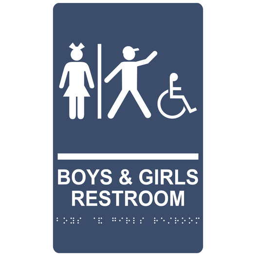 Navy ADA Braille Accessible BOYS & GIRLS RESTROOM Sign with Symbol RRE-14771_White_on_Navy