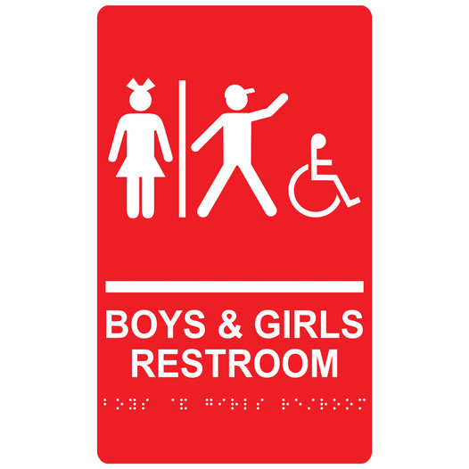 Red ADA Braille Accessible BOYS & GIRLS RESTROOM Sign with Symbol RRE-14771_White_on_Red