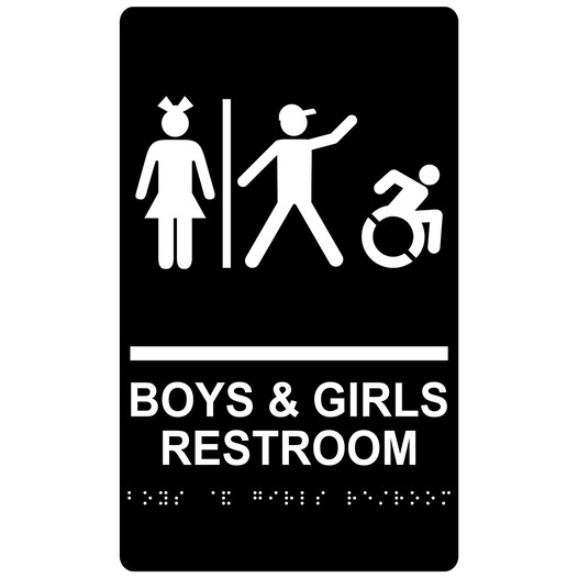 Black Braille BOYS & GIRLS RESTROOM Sign with Dynamic Accessibility Symbol RRE-14771R_White_on_Black