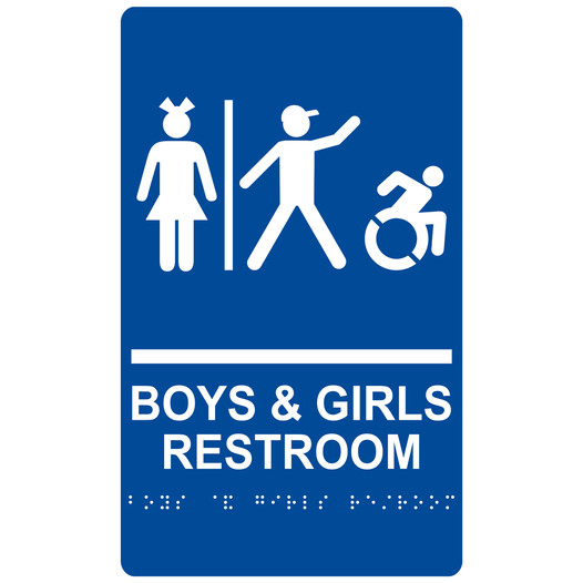 Blue Braille BOYS & GIRLS RESTROOM Sign with Dynamic Accessibility Symbol RRE-14771R_White_on_Blue