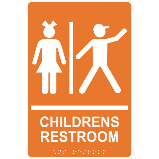 Orange ADA Braille CHILDRENS RESTROOM Sign with Symbol RRE-14781_White_on_Orange