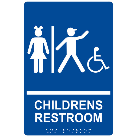 Blue ADA Braille Accessible CHILDRENS RESTROOM Sign with Symbol RRE-14782_White_on_Blue