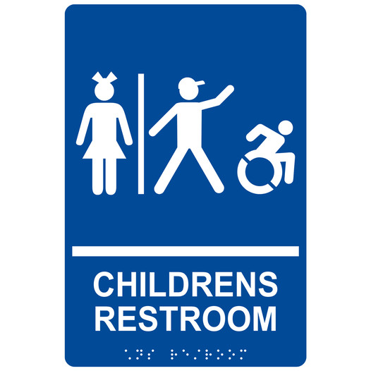 Blue Braille CHILDRENS RESTROOM Sign with Dynamic Accessibility Symbol RRE-14782R_White_on_Blue