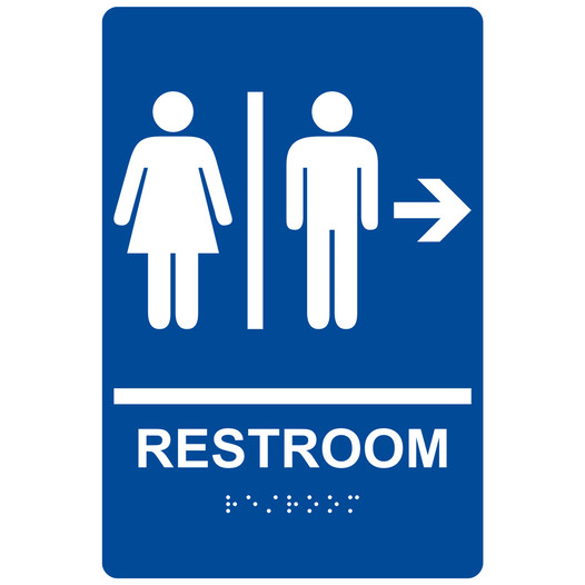 Blue ADA Braille RESTROOM Right Sign with Symbol RRE-14817_White_on_Blue