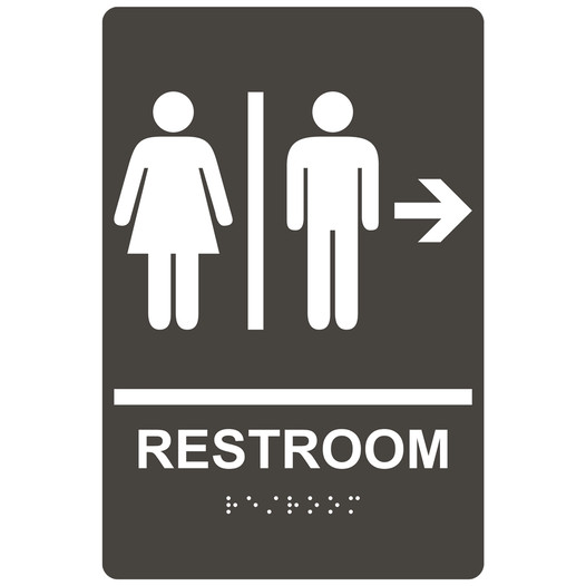 Charcoal Gray ADA Braille RESTROOM Right Sign with Symbol RRE-14817_White_on_CharcoalGray