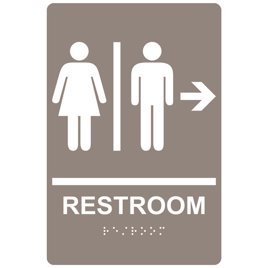 Taupe ADA Braille RESTROOM Right Sign with Symbol RRE-14817_White_on_Taupe