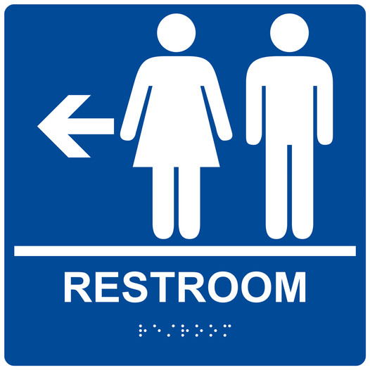 Square Blue ADA Braille RESTROOM Left Sign - RRE-14818-99_White_on_Blue