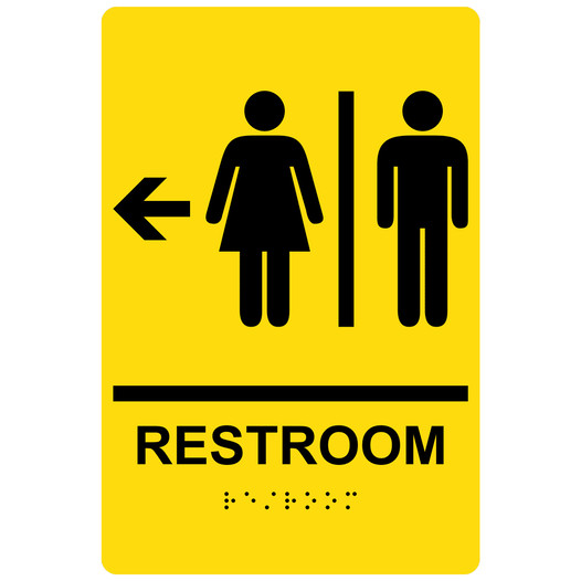 Yellow ADA Braille RESTROOM Left Sign with Symbol RRE-14818_Black_on_Yellow