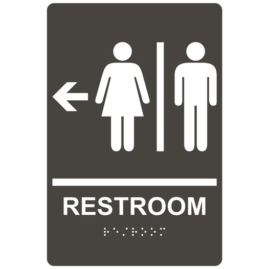 Charcoal Gray ADA Braille RESTROOM Left Sign with Symbol RRE-14818_White_on_CharcoalGray