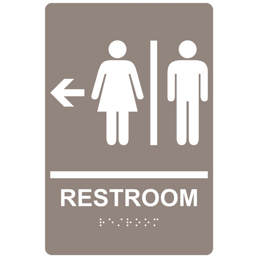 Taupe ADA Braille RESTROOM Left Sign with Symbol RRE-14818_White_on_Taupe