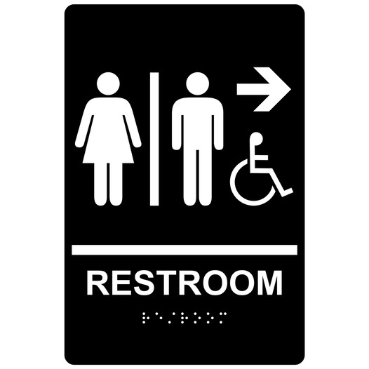 Black ADA Braille Accessible RESTROOM Right Sign with Symbol RRE-14819_White_on_Black