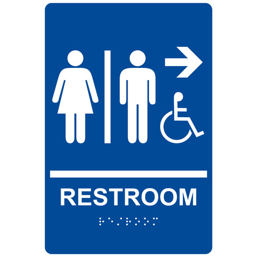 Blue ADA Braille Accessible RESTROOM Right Sign with Symbol RRE-14819_White_on_Blue