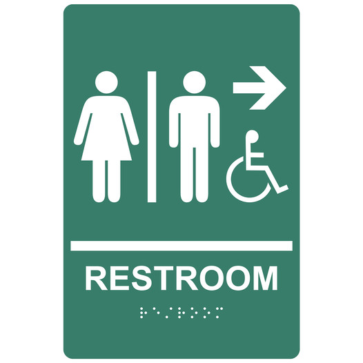 Pine Green ADA Braille Accessible RESTROOM Right Sign with Symbol RRE-14819_White_on_PineGreen
