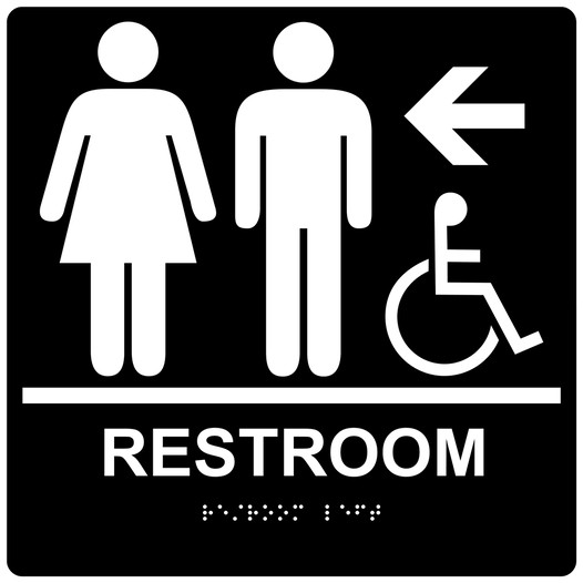 Square Black ADA Braille Accessible RESTROOM Left Sign - RRE-14820-99_White_on_Black