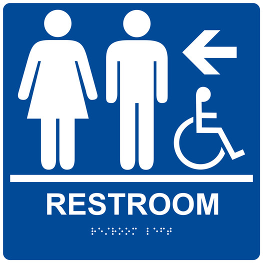 Square Blue ADA Braille Accessible RESTROOM Left Sign - RRE-14820-99_White_on_Blue