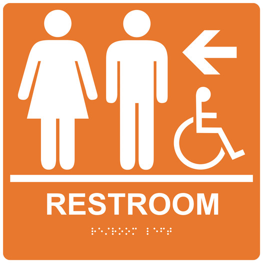 Square Orange ADA Braille Accessible RESTROOM Left Sign - RRE-14820-99_White_on_Orange