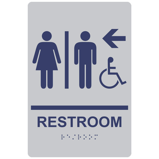 Silver ADA Braille Accessible RESTROOM Left Sign with Symbol RRE-14820_MarineBlue_on_Silver