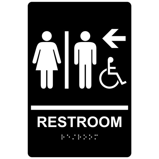 Black ADA Braille Accessible RESTROOM Left Sign with Symbol RRE-14820_White_on_Black
