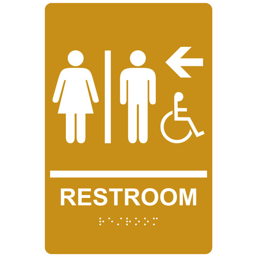Gold ADA Braille Accessible RESTROOM Left Sign with Symbol RRE-14820_White_on_Gold