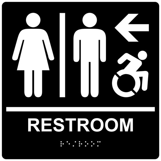 Square Black Braille RESTROOM Left Sign with Dynamic Accessibility Symbol - RRE-14820R-99_White_on_Black