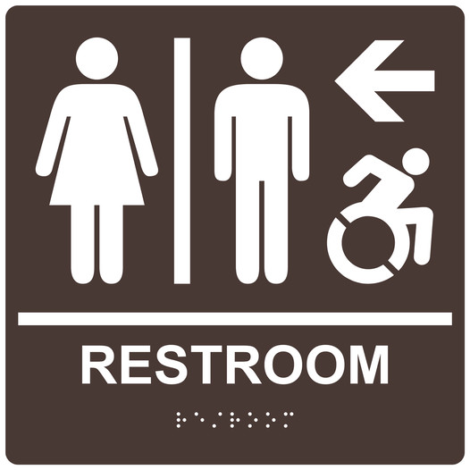 Square Dark Brown Braille RESTROOM Left Sign with Dynamic Accessibility Symbol - RRE-14820R-99_White_on_DarkBrown