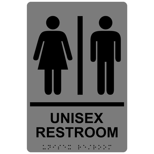 Gray ADA Braille UNISEX RESTROOM Sign with Symbol RRE-14844_Black_on_Gray