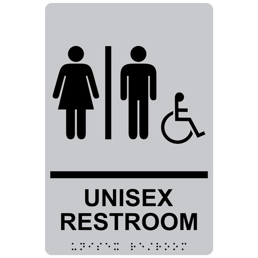 Silver ADA Braille Accessible UNISEX RESTROOM Sign with Symbol RRE-14845_Black_on_Silver