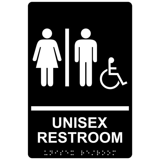 Black ADA Braille Accessible UNISEX RESTROOM Sign with Symbol RRE-14845_White_on_Black