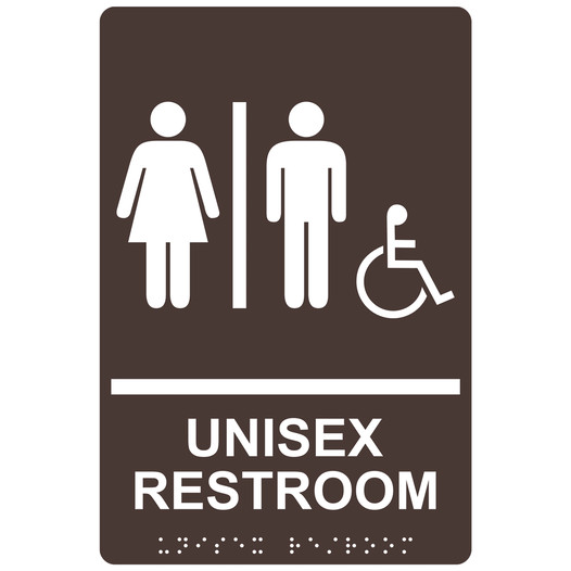 Dark Brown ADA Braille Accessible UNISEX RESTROOM Sign with Symbol RRE-14845_White_on_DarkBrown