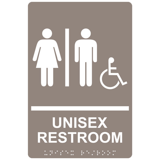 Taupe ADA Braille Accessible UNISEX RESTROOM Sign with Symbol RRE-14845_White_on_Taupe
