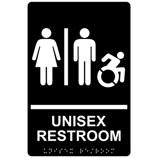 Black Braille UNISEX RESTROOM Sign with Dynamic Accessibility Symbol RRE-14845R_White_on_Black