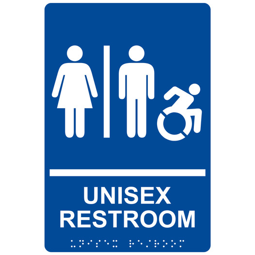 Blue Braille UNISEX RESTROOM Sign with Dynamic Accessibility Symbol RRE-14845R_White_on_Blue