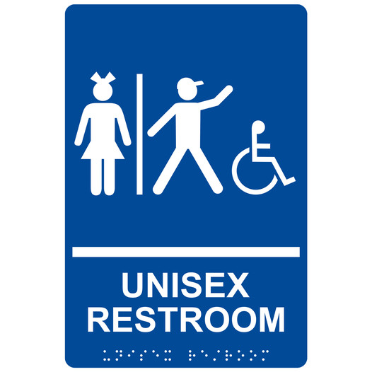 Blue ADA Braille Accessible UNISEX RESTROOM Sign with Children Symbol RRE-14847_White_on_Blue
