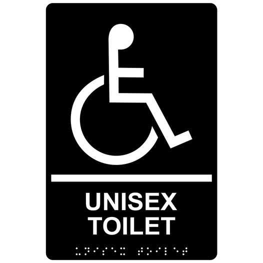 Black ADA Braille Accessible UNISEX TOILET Sign with Symbol RRE-14851_White_on_Black