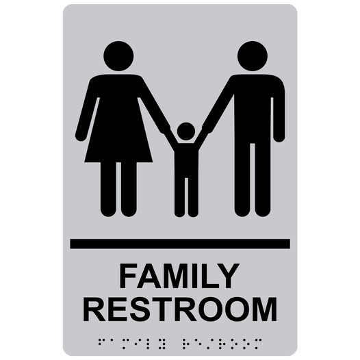 Silver ADA Braille FAMILY RESTROOM Sign with Symbol RRE-165_Black_on_Silver