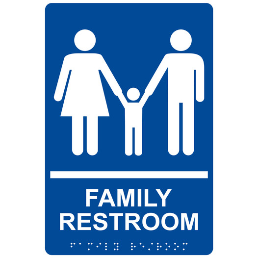 Blue ADA Braille FAMILY RESTROOM Sign with Symbol RRE-165_White_on_Blue