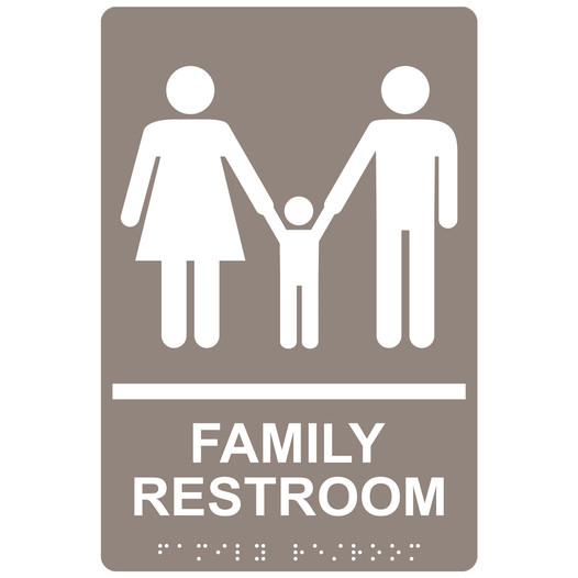 Taupe ADA Braille FAMILY RESTROOM Sign with Symbol RRE-165_White_on_Taupe