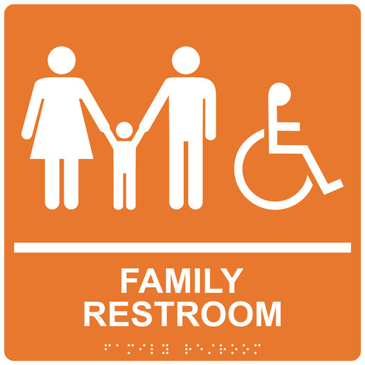 Square Orange ADA Braille Accessible FAMILY RESTROOM Sign - RRE-170-99_White_on_Orange