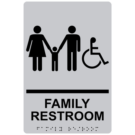 Silver ADA Braille Accessible FAMILY RESTROOM Sign with Symbol RRE-170_Black_on_Silver