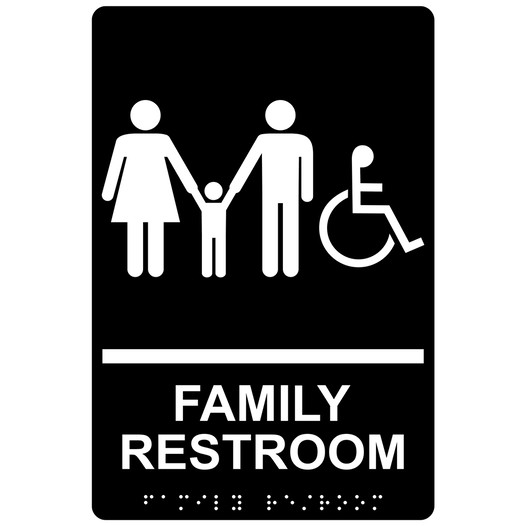 Black ADA Braille Accessible FAMILY RESTROOM Sign with Symbol RRE-170_White_on_Black