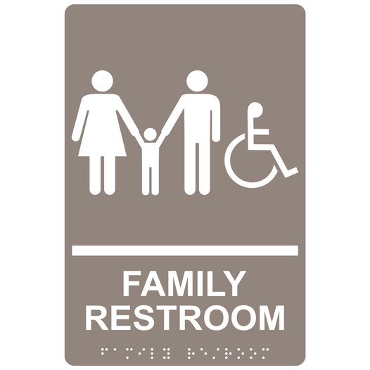 Taupe ADA Braille Accessible FAMILY RESTROOM Sign with Symbol RRE-170_White_on_Taupe