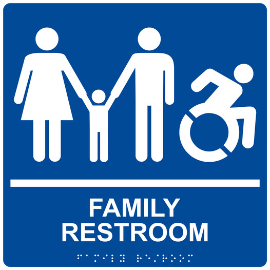 Square Blue Braille FAMILY RESTROOM Sign with Dynamic Accessibility Symbol - RRE-170R-99_White_on_Blue