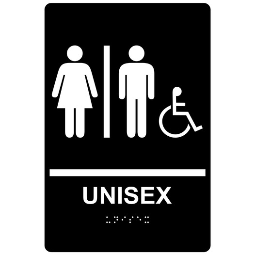 Black ADA Braille Accessible UNISEX Restroom Sign with Symbol RRE-19618_White_on_Black
