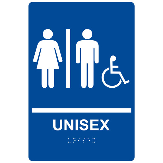 Blue ADA Braille Accessible UNISEX Restroom Sign with Symbol RRE-19618_White_on_Blue