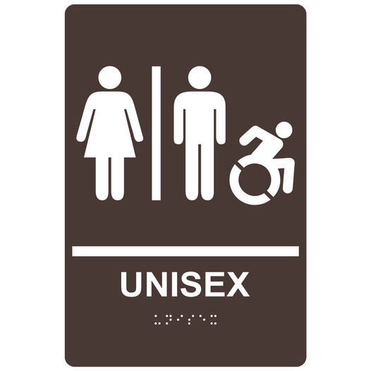 Dark Brown Braille UNISEX Restroom Sign with Dynamic Accessibility Symbol RRE-19618R_White_on_DarkBrown