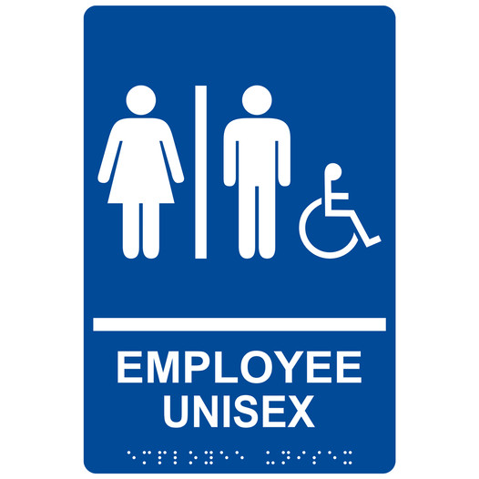 Blue ADA Braille Accessible EMPLOYEE UNISEX Restroom Sign with Symbol RRE-19619_White_on_Blue