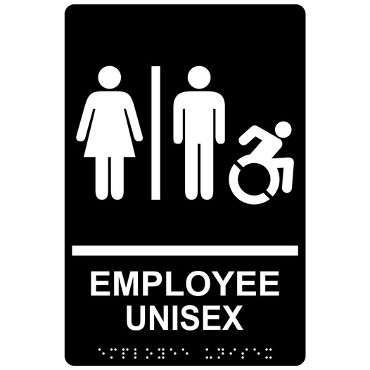 Black Braille EMPLOYEE UNISEX Restroom Sign with Dynamic Accessibility Symbol RRE-19619R_White_on_Black