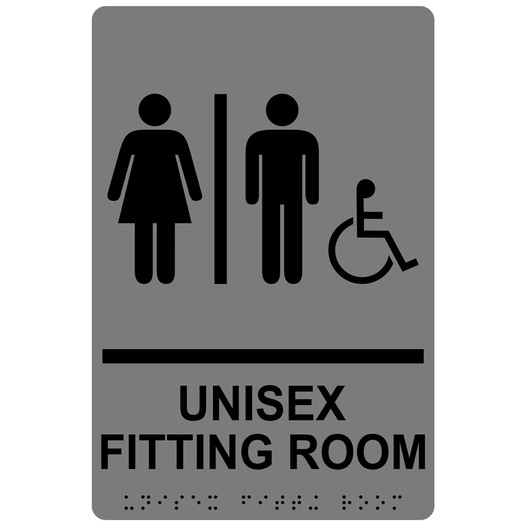 Gray ADA Braille Accessible UNISEX FITTING ROOM Sign with Symbol RRE-19941_Black_on_Gray